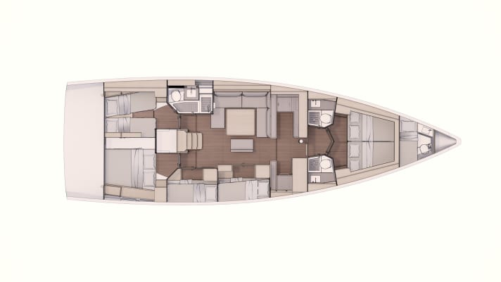   Narrower: two aft cabins, two bunk bed compartments, two forward compartments