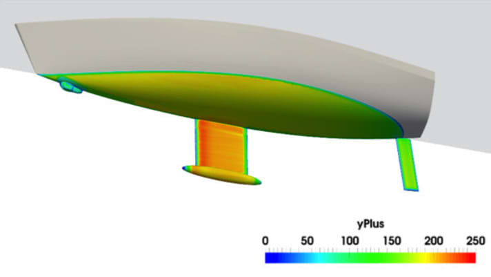  Simulation d'écoulement d'un yacht équipé d'une hélice de proue SX. Sleipner indique que l'hydropode produit moins de 5 kilos de traînée supplémentaire à 7,5 nœuds de vitesse.