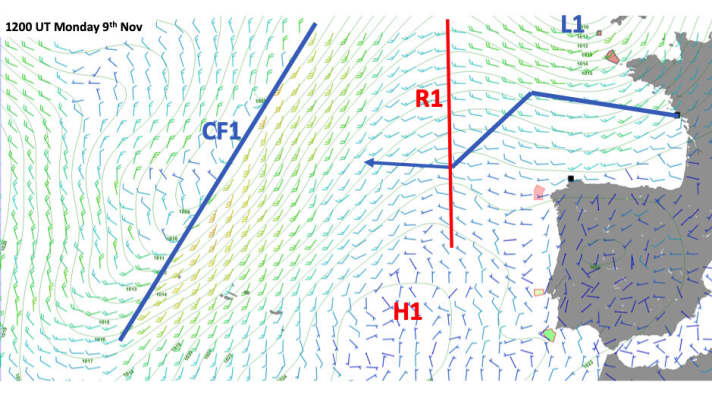   Illustration 2 : Après que la dépression (L1) se soit déplacée vers le nord, la flotte vire vers le SW avant de reprendre sa route vers l'ouest.