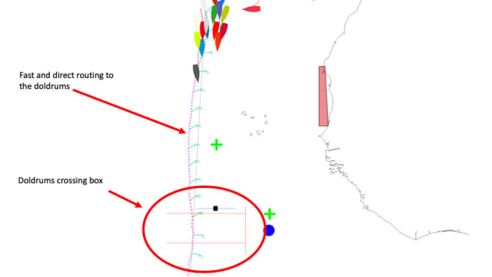   Figura 1: La rotta meteorologica verso l'emisfero meridionale per Boris Herrmann su "Seaexplorer". L'arrivo all'ingresso del Kalmen è previsto per mercoledì mattina. Fino ad allora, si tratta di una gara di resistenza e di una prova per chi ha la barca più veloce. La regola generale per attraversare i doldrums è di non allontanarsi mai più a est di 25 gradi ovest, poiché la zona di vento leggero si allarga in quel punto.