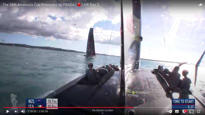   37 seconds before the start, the New Zealanders are off the foils, slow, the Italians are shooting towards them