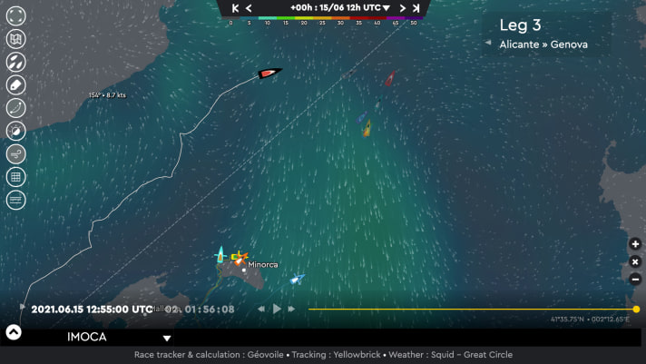   La situation de la course aujourd'hui à midi : "Einstein" est le bateau noir en haut, les autres Imoca sont devant Menorca