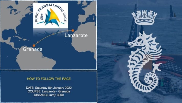   Il percorso, lo stemma RORC dell'organizzatore e i dati principali della regata attraverso l'Atlantico