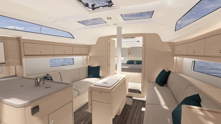   De nombreuses et grandes baies vitrées, ainsi qu'une large double porte donnant sur l'avant du bateau. L'aménagement intérieur est ouvert, aéré et très lumineux.