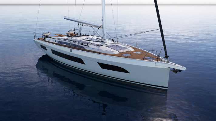 Dufour 48 : longueur de la coque 14,26 m ; largeur 4,85 m ; poids 13,0 t ; prix encore inconnu.