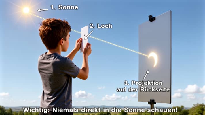 The picture illustrates the principle of a pinhole camera: the sun is behind you; sunlight passes through a small hole in a piece of cardboard and falls onto a projection surface. This could also be a second piece of cardboard.