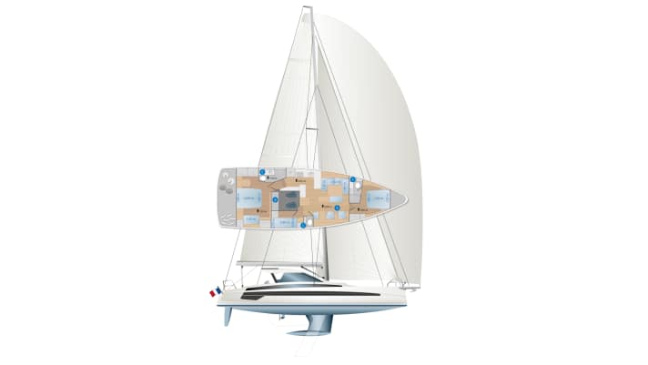 The standard layout with three double cabins and three heads remains the same. The shipyard can fulfil individual wishes, but only to a limited extent.