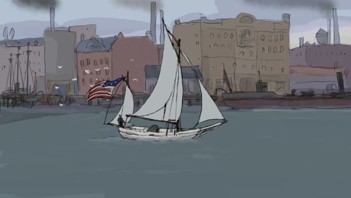   Slocum and his eleven-metre-long "Spray" setting off