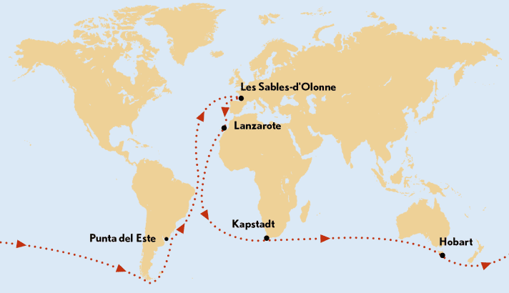 Das Golden Globe Race (GGR) beginnt am 4. September in Les Sables-d’Olonne in Frankreich. Von dort geht es auf der klassischen Route nonstop um den Globus. Entlang der Strecke müssen vier Wegpunkte angelaufen werden – vor Lanzarote, Kapstadt, Hobart und Punta del Este. Im Frühjahr 2023 werden die Boote in Les Sables-d’Olonne zurückerwartet | Karte: YACHT