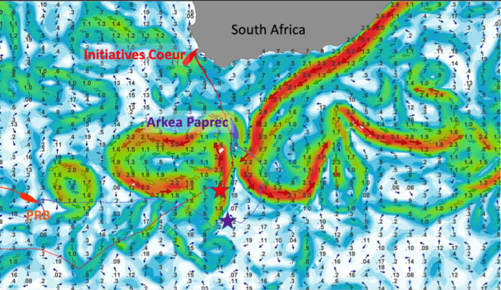   Figura 1: La corrente di Agulhas può raggiungere i 5 nodi sulla costa dell'Africa orientale prima di rompersi in gorghi separati nell'Oceano meridionale. Le posizioni di "Initiatives Cœur" e "Arkéa Paprec" mostrano che le loro collisioni sono avvenute esattamente sulla linea di confine dei gorghi della corrente. La "PRB" si è spezzata nelle vicinanze, dove le forti correnti esacerbano il moto ondoso.