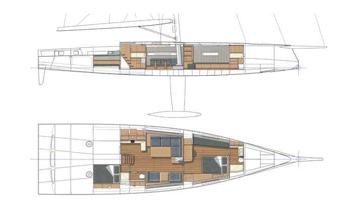 The interior is dominated by the full-width saloon and owner's cabin. The electric motor room is located aft on the port side and is accessible from the galley