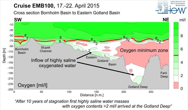 Visualizzazione dei fondali marini del Mar Baltico. Da Bornholm alla Finlandia, illustra lo stato dopo la grande intrusione di acqua salata del 2014: le acque ricche di ossigeno sono segnate in verde, le aree povere di ossigeno in bianco e rosa. Lungo il fondale marino, l'acqua dolce salata affonda verso est come area verde e trasporta l'ossigeno nei bacini profondi del Mar Baltico. Qui si possono vedere le aree verdi contrassegnate dalle frecce. Le soglie del fondale marino sono come piccole colline in costante discesa. Agiscono come ostacoli che l'acqua può superare solo se il volume è sufficientemente grande.