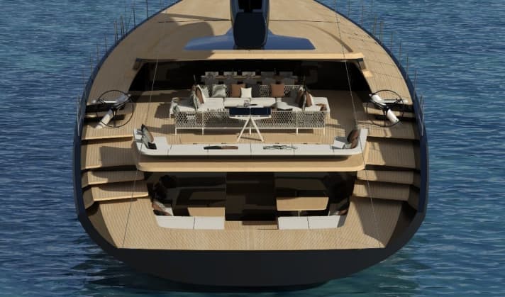 Marken-typisch: Das Slupkonzept verfügt über eine Terrace-on-the-Sea mit integriertem Eignercockpit. Das Gästecockpit geht fließend in den Salon über. | r.