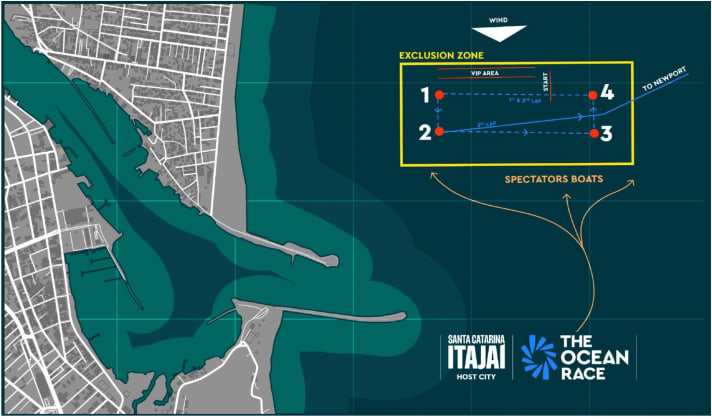 Zum Auftakt der vierten Etappe segeln die Teams wie schon in Kapstadt einen Kurs an der Küste. Die Illustration zeigt allerdings nur eine fiktive Situation; am Starttag wird der Wind aus Westen wehen, der Kurs also in Nord-Süd-Richtung ausgelegt werden