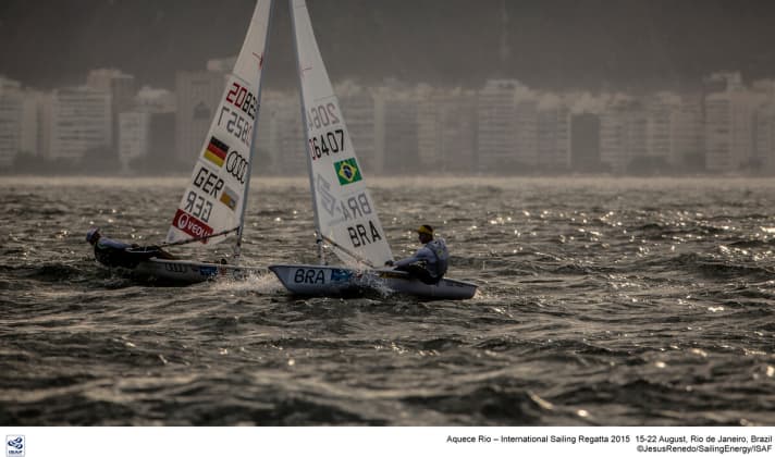   Beautiful study of a duel between the nine-time Laser World Champion and Olympic Champion Robert Scheidt (r.) and the German Vice World Champion Philipp Buhl