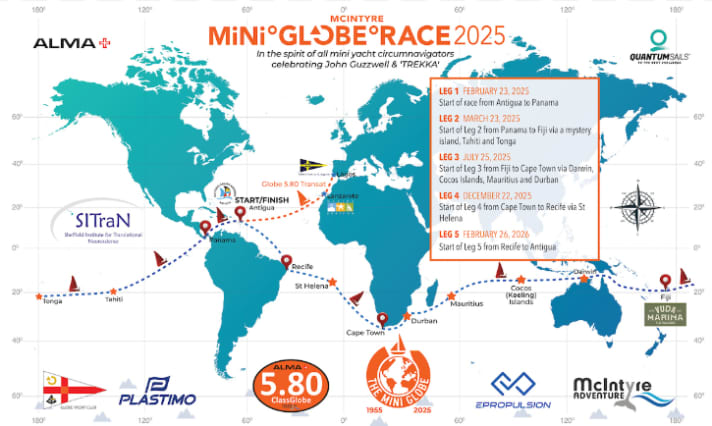 Da Antigua, il viaggio prosegue via Panama verso Tahiti, Fiji, Australia, Mauritius, Città del Capo, Sant'Elena, Recife e ritorno ad Antigua.