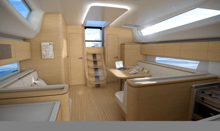   Elan GT6. La cucina è costruita a prua contro la paratia principale. In questo modo il salone ha più spazio per una disposizione aperta, simile a un loft.