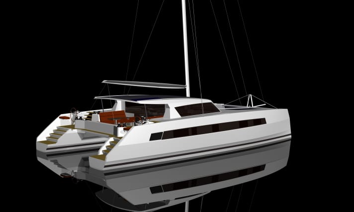   More angular shapes, a long window area in the hull and a negative bow stem. Catana's new look is more striking and eye-catching