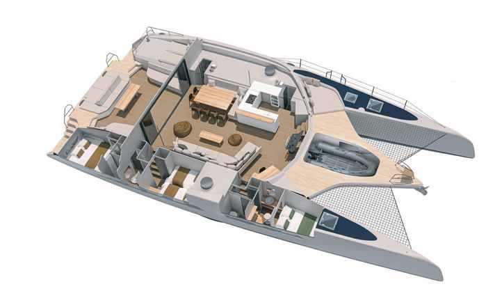 Im Vordeck ist ein Beiboot gestaut. Es wird mit einem kleinen Kran eingewassert.