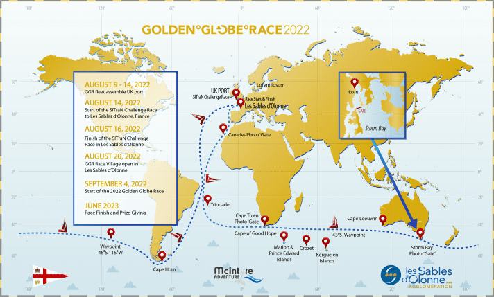   Ausblick auf 2022: Wie das Golden Globe Race 1968 führt auch die heutige Route einmal ohne Stopp um den Globus: immer ostwärts, das Kap der Guten Hoffnung, Kap Leeuwin und Kap Hoorn werden an Backbord passiert