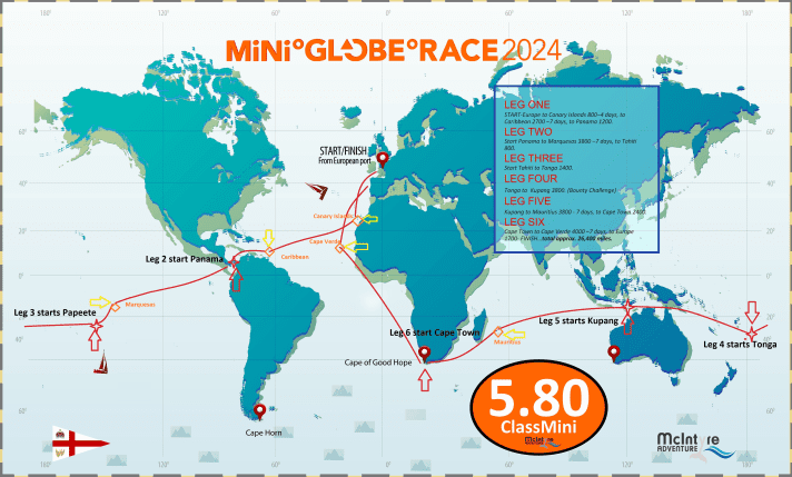  L'itinéraire du tour du monde à la voile en cinq étapes prévu pour 2024. Les inscriptions à la "Mini Globe Race" devraient être ouvertes à partir du 1er novembre 2020.