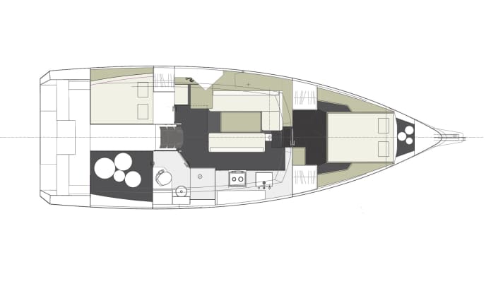 Standard layout Ovni 430: In the deck saloon version, the seating area in the saloon and the navigation are raised