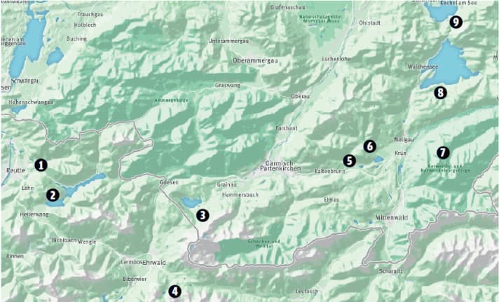 Die Stecher-Brüder erradelten mit ihren zwei Freunden den Urisee (1), kleinen Plansee und Plansee (2), Heiterwanger See, Eibsee (3), Frillensee, Blindsee, Mittersee, ­Weißensee, Seebensee, Drachensee (4), Weidachsee, Mühlegg-See, Lautersee, Ferchensee, Wagenbrüchsee, Geroldsee (5), Barmsee (6), Grubsee, Tennsee, Soiernsee (7), Sachensee, Walchensee (8), Kochelsee (9).
