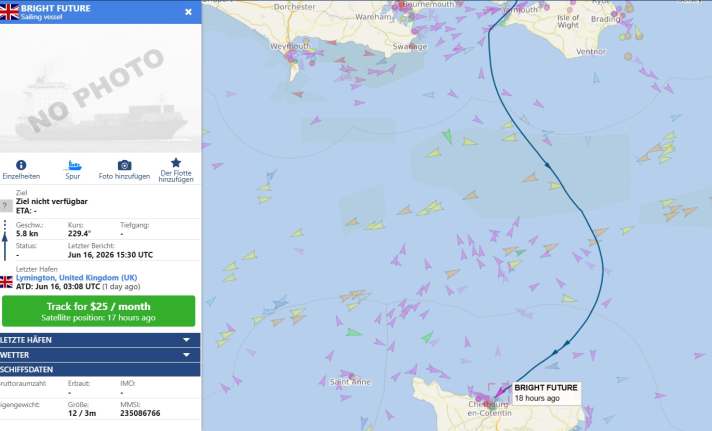 La traccia della “Bright Future” mostra una rotta tipica da Lymington a Cherbourg: circa 60 miglia nautiche attraverso il Canale della Manica.
