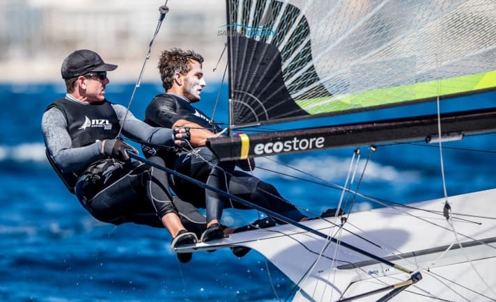   Still struggling in their European comeback two and a half years after their Olympic victory, but sailed into the medal race in seventh place: New Zealand's America's Cup heroes Peter Burling and Blair Tuke in the 49er