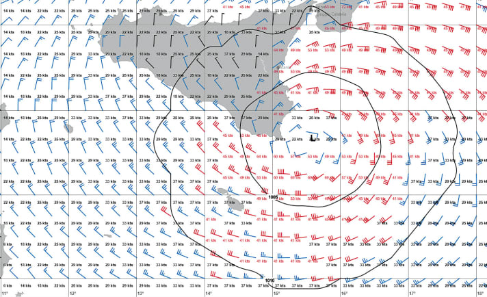 Ce graphique est basé sur les données Grib. Il montre une dépression au large de la Sicile avec des vents atteignant 64 nœuds, qui est sur le point de se transformer en medicane.