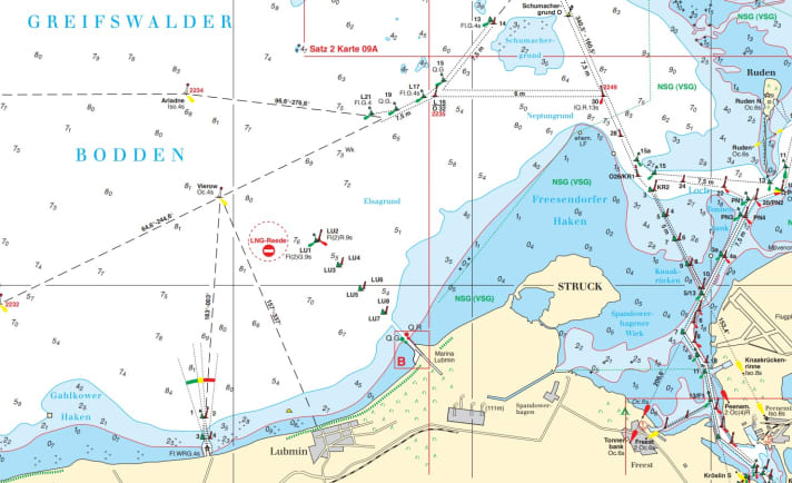 Die neue LNG-Reede Lubmin westlich der Ansteuerung des Hafens von Lubmin | © BSH, Hamburg/Rostock