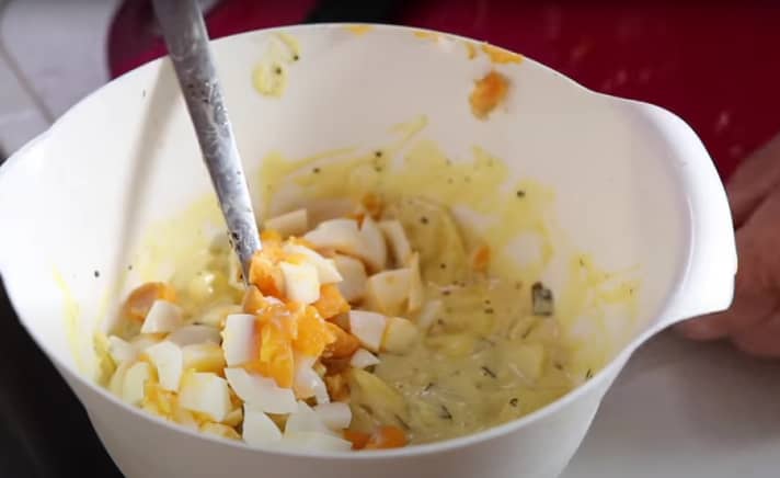 Cooking on board Potato salad with homemade mayonnaise