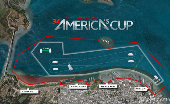   Délimité . Le Golden Gate à l'ouest, Alcatraz au nord et le City Front au sud. Entre les deux, des eaux agitées sur lesquelles les AC72 vont foncer.