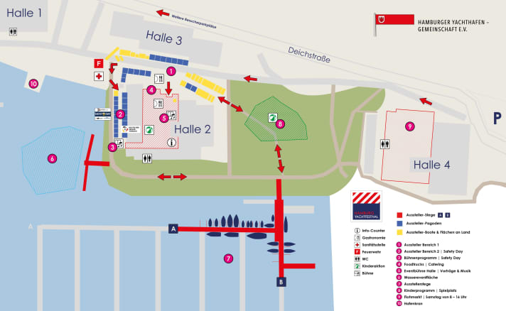 Where can I find what at the Hamburg Yacht Festival in the Hamburg marina in Wedel? The site plan with legend shows an overview of all exhibition areas | Infographic: Yachtfestival365 GmbH
