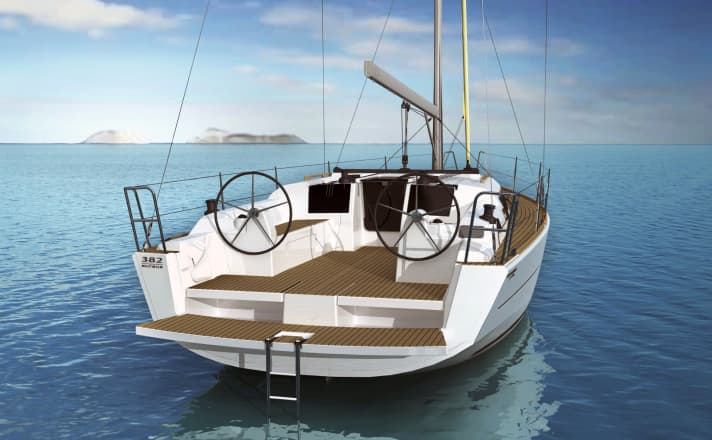   Dufour 382 Grand'Large: The bathing hatch opens almost across the entire width of the stern. There is storage space behind the hatch, including for the life raft