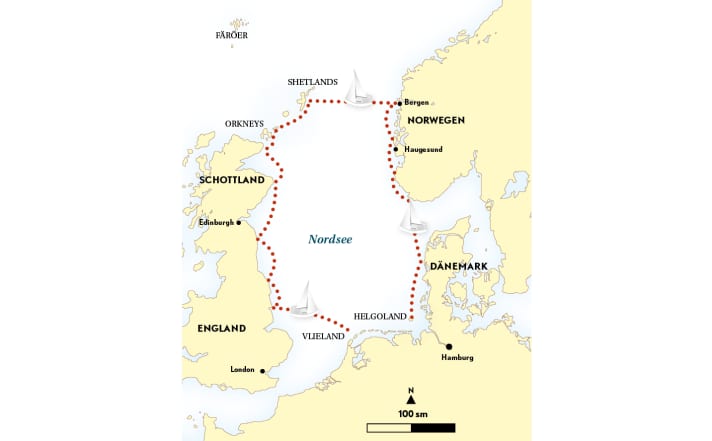 Mehr als 1.300 Seemeilen in fünfeinhalb Wochen. Die Route von Philipp Hympendahl mit langen Etappen zwischen den meist kurzen Stopps