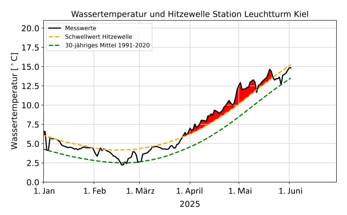 Schwellenwert überschritten: marine Hitzewelle vom 28. März bis 21. Mai 2025 an der BSH-Station Leuchtturm Kiel