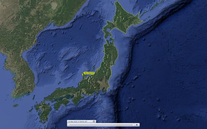 Jonos Position Ende März: Der Norden Japans ist umrundet, der Süden liegt vor ihm