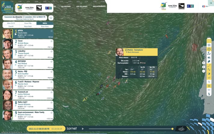 Les résultats intermédiaires dans la classe Imoca après environ un tiers de la course. Charlie Dalin est en tête du peloton, Boris Herrmann est 13ème.