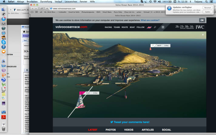   Un momento di paura dal punto di vista dell'equipaggio di "Mapfre": il team femminile SCA taglia il traguardo al largo di Città del Capo, mentre gli spagnoli (in alto a destra nella foto) stanno ancora cercando di uscire dal buco di vento al largo della costa.
