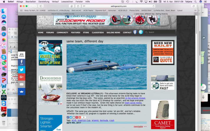   The sailing blog "Sailing Anarchy" reports on the Artemis capsize on Wednesday with this picture from an eyewitness