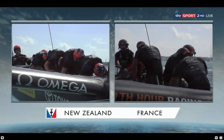   In diesem Bild steckt zwar ein Fehler der TV-Produzenten in Bermuda, denn rechts wird nicht etwa Frankreich, sonder Land Rover BAR im Duell mit dem Emirates Team New Zealand (links) gezeigt. Der Vergleich ist dennoch interessant, denn am Sonntag zeigte sich mehrfach, wie kraftvoll und effektiv die Radler die Hydrauliksysteme des neuseeländischen Katamarans antreiben