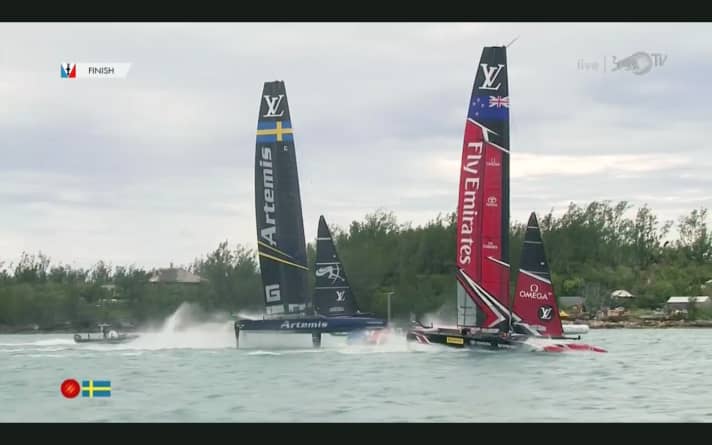   Heart-stopping race: Just one second separated Emirates Team New Zealand and Artemis Racing at the finish line