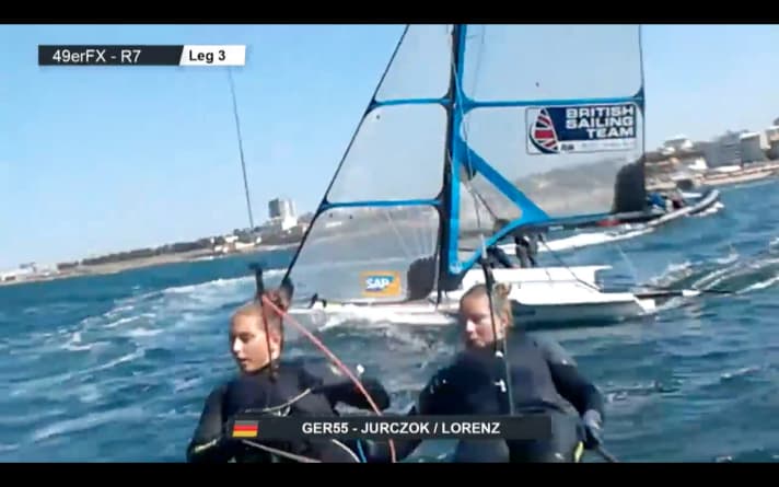   Image de la caméra embarquée : Vicky Jurczok et Anika Lorenz dépassent leurs adversaires britanniques sous le vent.
