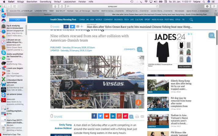   Dieses Bild der beschädigten Yacht von Vestas 11th Hour Racing, die in Hongkong bereits aus dem Wasser geholt wurde, veröffentlichte die "South China Morning Post" am Samstag