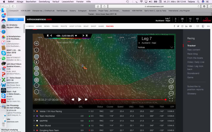   Questa schermata del tracker mostra chiaramente l'evoluzione dei sistemi meteorologici che le squadre devono affrontare intorno al 54° parallelo. Si stanno avvicinando al limite di ghiaccio fissato dagli organizzatori della gara, che non deve essere superato in direzione sud.
