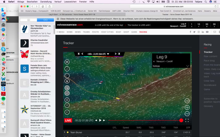  This screenshot from the live tracker shows it very clearly: The south boats' joy is currently the north boats' sorrow. While Brunel, AkzoNobel, Vestas and Sun Hung Kai / Scallywag are chasing eastwards at around 20 knots, the north boats Dongfeng, Mapfre and Turn the Tide on Plastic have to hope for fresh wind, as they are currently sailing towards the British port of call Cardiff at just half the speed of their competitors to the south