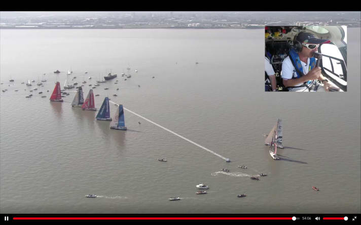   Heiter kommentiert vom Gewinner der letzten Auflage, startete die Flotte vor Cardiff in Etappe 10. Ian Walker (oben rechts eingeblendet) beobachtete und beschrieb das Geschehen aus dem Helikopter heraus