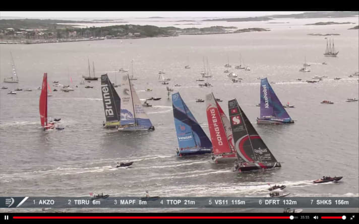   Quelques secondes après le départ, l'équipe espagnole Mapfre est clairement perdante, tandis que l'équipe AkzoNobel de Simeon Tienpont gagne d'abord, avant d'être dépassée peu après par Dongfeng.
