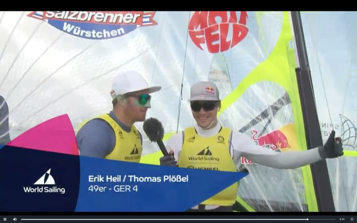   Interviewing each other after the final and having fun: Thomas Plößel (right) and his helmsman Erik Heil